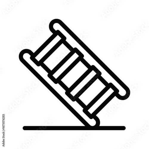An angled ladder with three rungs rests on a solid horizontal line Its style is a bold lineart graphic. Editable stroke icon. Vector illustration