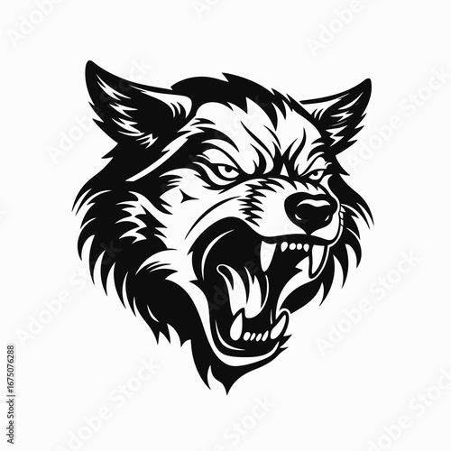 Ferocious wolf head roaring aggressively presented in strong black and white silhouette
