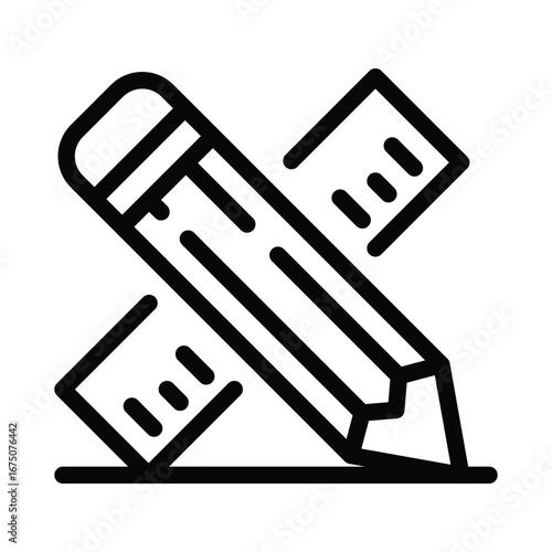 Blackandwhite outline of a pencil lying across a ruler resting on a horizontal line. Editable stroke icon. Vector illustration