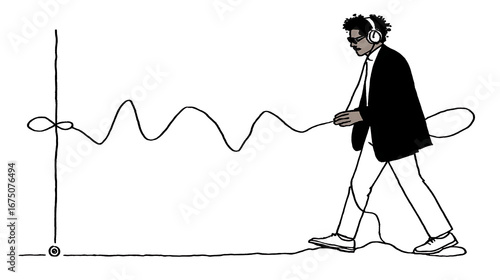 A man in a suit is walking with a cord in his hand