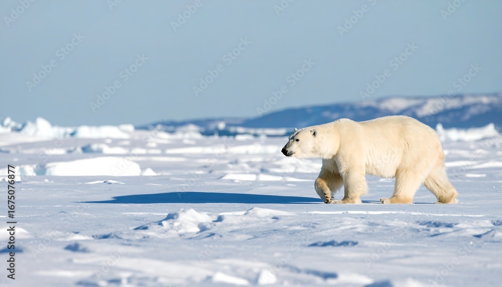 Naklejka premium Polar bear walks on snow.