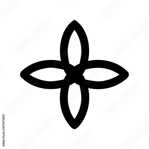 Stylized black and white cross flower design with abstract petal shapes