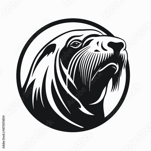 Majestic sea lion head gazes upward in powerful circle logo design silhouette