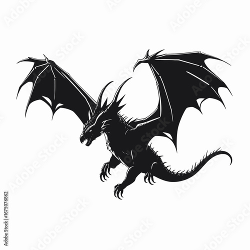 Fierce mythological dragon flapping wings, a fantasy beast's dark silhouette