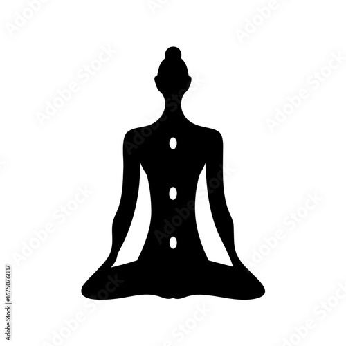 Silhouette of woman meditating with chakra alignment, peaceful and calm wellness