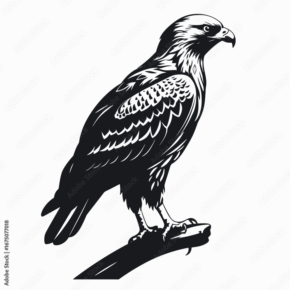 Fototapeta premium Majestic eagle resting on a branch vector illustration detailed black silhouette