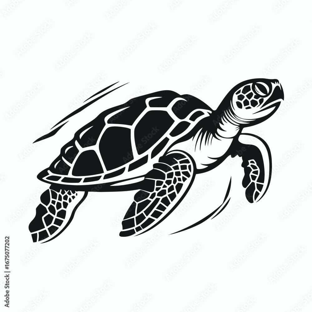 Obraz premium Graceful sea turtle swimming in monochrome black and white vector silhouette