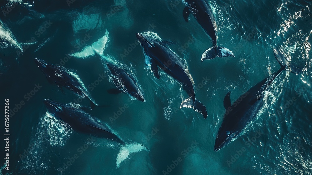 Fototapeta premium Drone perspective of a whale pod in deep blue ocean