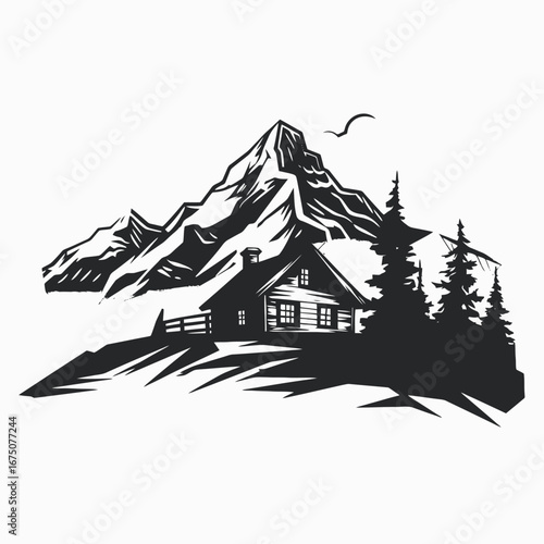 Mountain cabin retreat amidst pine trees and soaring peak silhouette.