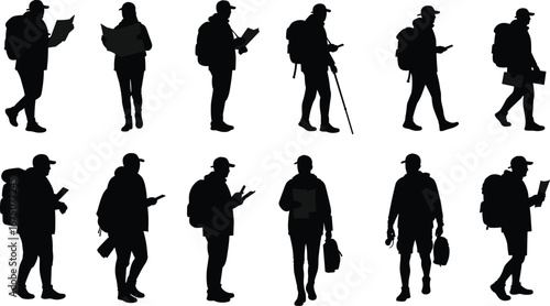 Silhouettes of travelers walking with backpacks, using maps, smartphones, hiking sticks, reading guides, vector illustration for tourism, adventure, navigation, hiking, exploration design projects