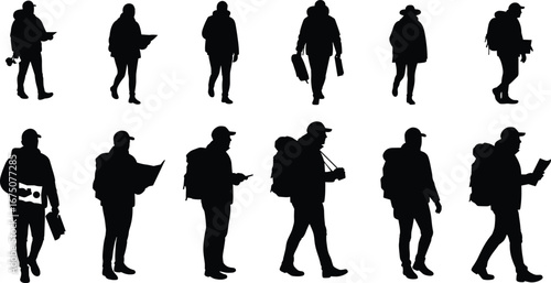 Silhouettes of people walking with backpacks, reading maps, using gadgets, travel lifestyle vector, tourism, hiking, adventure exploration illustration for navigation, journey