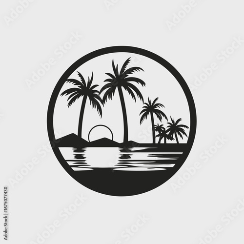 Tropical paradise island with palm trees and sunrise coastal vector silhouette