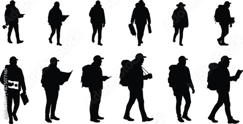 Silhouettes of people walking with backpacks, reading maps, using smartphones, tourists exploring, travel lifestyle vector, navigation and adventure clipart for journey, trip, hiking scenes