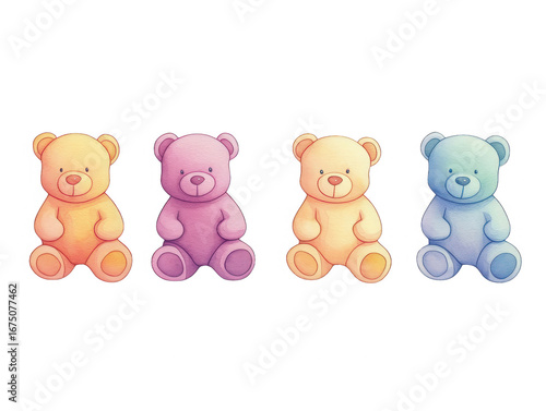 Wallpaper Mural Four Colorful Teddy Bears Yellow Pink Beige Blue Sitting In A Row Against A Transparent Background Torontodigital.ca