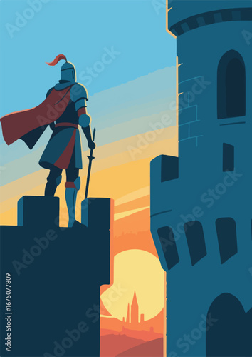 Knight stands on castle tower with spear, ready for battle. Suitable for historical or fantasythemed design projects. Medieval warrior concept