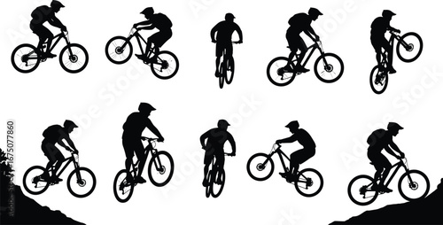 Silhouettes of mountain bikers riding, jumping, performing stunts on hills, cycling vector clipart, extreme sport illustration, outdoor adventure, downhill biking, trail action design