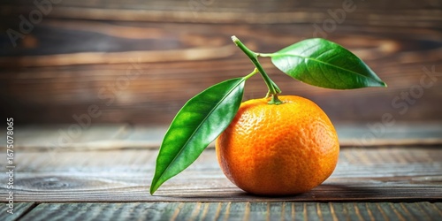 Fresh tangerine fruit with green stem and leaves on a wooden table