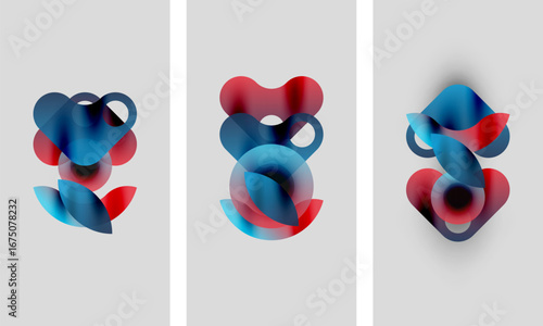 Abstract artwork. Three panels display overlapping translucent shapes, red and blue hues dominate. Minimalist design, soft gradients present.