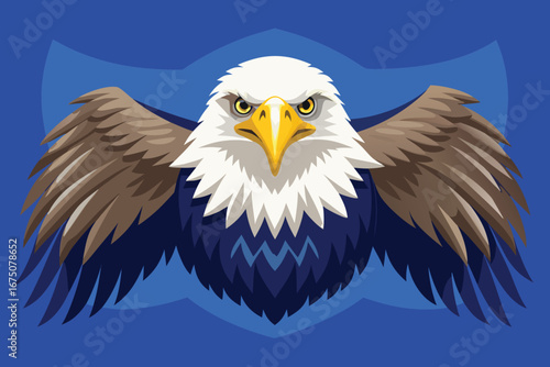 Majestic bald eagle with powerful wings spread, embodying freedom and strength against a vibrant blue backdrop.