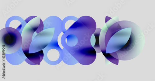 Abstract composition. Overlapping translucent circles, blue, purple hues. Minimalist design, soft gradients, modern aesthetic.