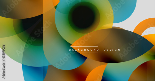 Abstract colorful circles overlap creating dynamic modern design. Gradient hues blend, forming visually appealing composition.