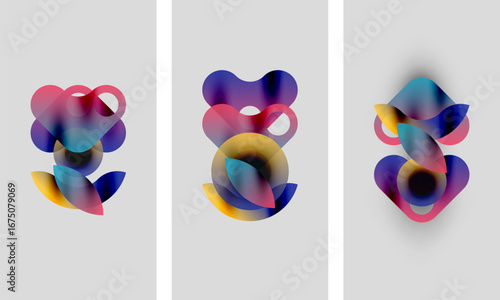 Abstract colorful shapes overlap, creating dynamic compositions. Three panels display similar designs with slight variations. Soft gradients dominate visuals.