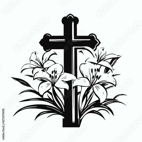 Elegant Christian cross intertwined with delicate lilies, a striking floral silhouette