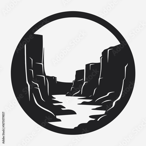 Imposing canyon river vista rendered in a dark graphical logo silhouette