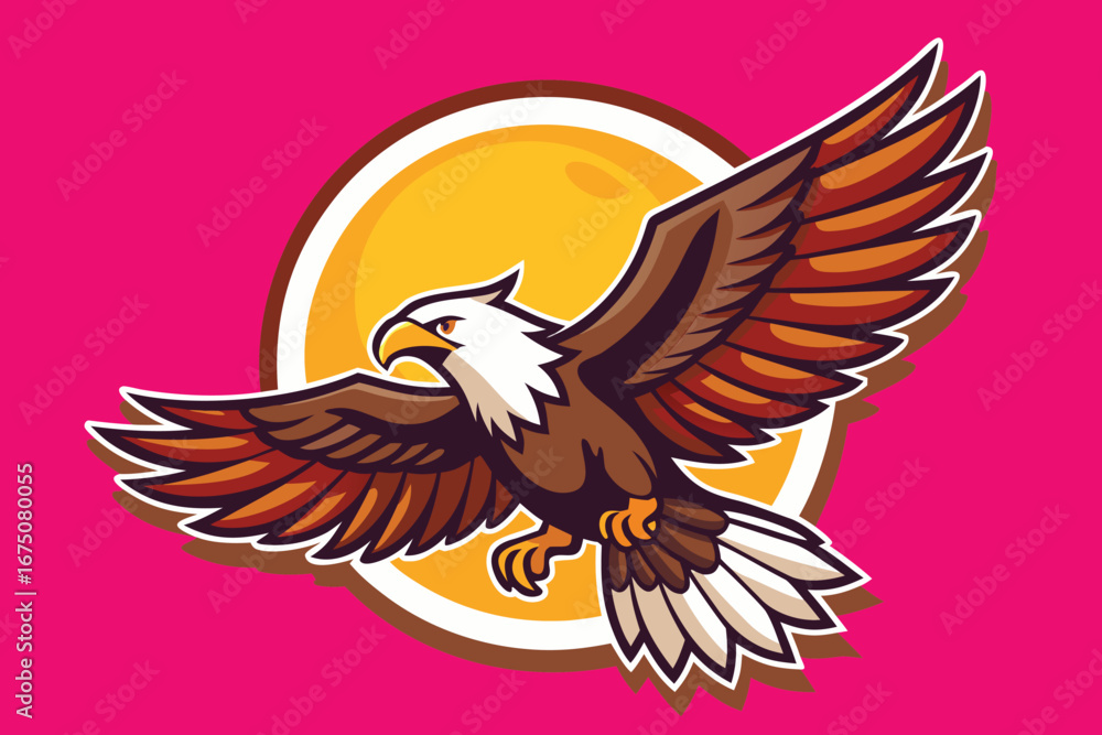 Fototapeta premium Dynamic eagle soaring powerfully with outstretched wings against a vibrant sun and pink background