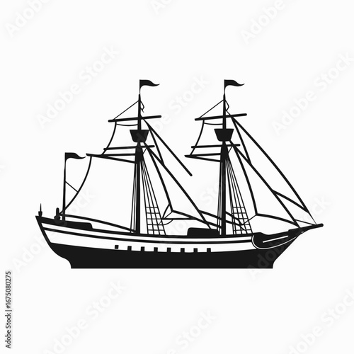 Ancient majestic sailing ship with intricate rigging and flags silhouette