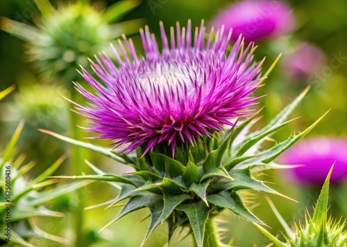 Detailed close-up of milk thistle plant's leaves and flowers in a shallow depth of field