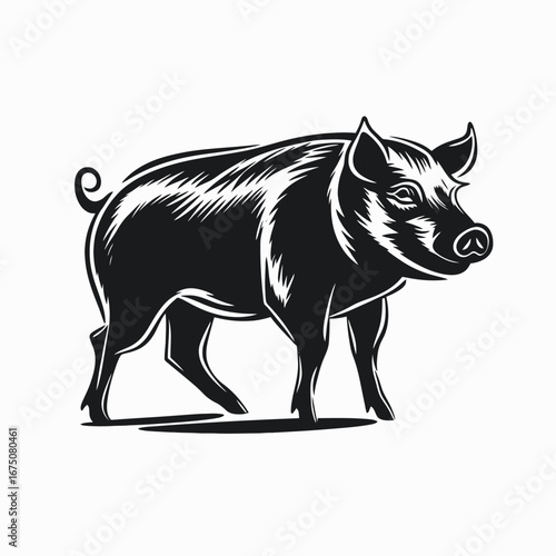 Majestic black and white pig artwork, a striking animal vector silhouette