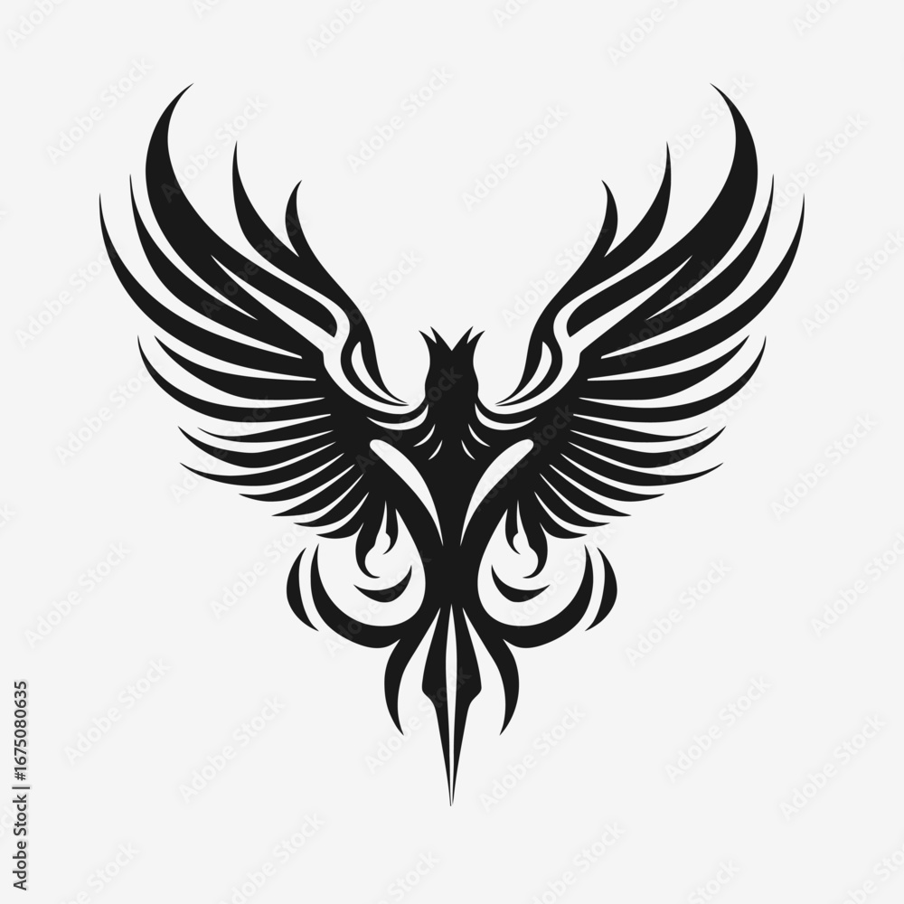 Fototapeta premium Elegant phoenix rising with ornamental feathering details, a striking mythical bird silhouette