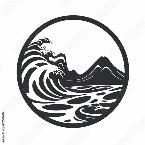 Majestic waves crash before mountains creating an evocative coastal landscape silhouette