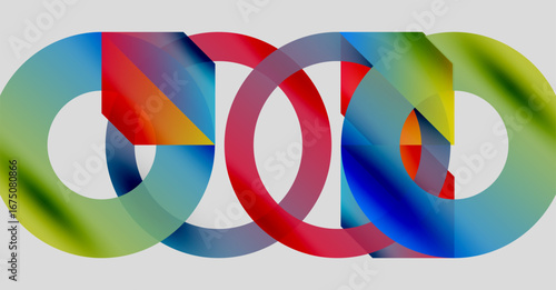 Interlocking colorful rings create infinity symbol. Gradient hues blend, forming abstract geometric design. Modern, vibrant composition.
