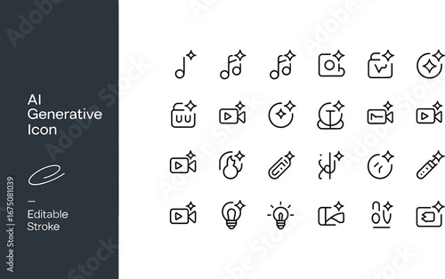 AI generative editable stroke icons, music, video, design, creative tools, innovation, idea, editing, digital art, creativity, multimedia, inspiration, technology, interface, modern, minimal