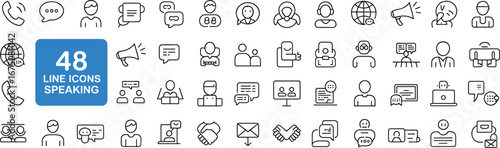 48 line icons speaking, communication symbols, voice chat, public speaking, presentation, business discussion, online conversation, dialogue, call, announcement, message, contact