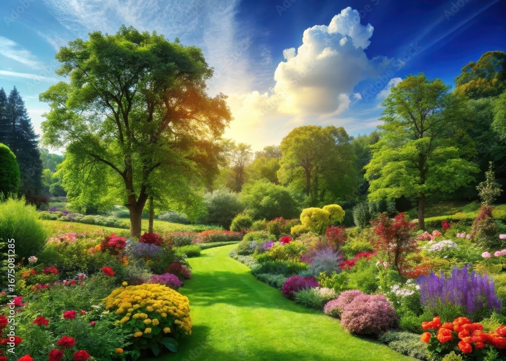 Obraz premium Lush greenery with vibrant flowers and towering trees stretching towards the sky in a serene landscape