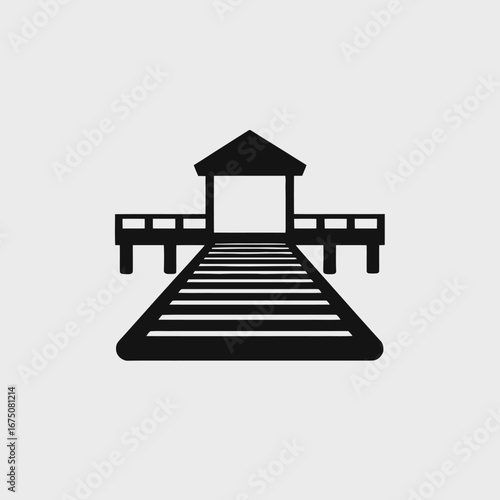 Striking black and white pier with gazebo pathway vector style silhouette