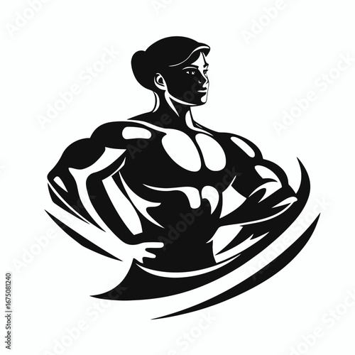 Powerful muscular female bodybuilder posing with confidence in black silhouette
