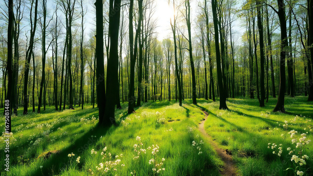 Obraz premium 春の穏やかな太陽の光が降り注ぐ森