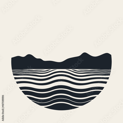 Minimalist mountain range reflected in wavy sea, simple graphic design silhouette