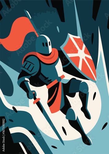 Knight falling knight in armor wielding a sword and shield dramatically falls in battle defeated.