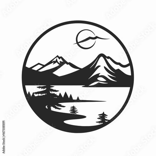 Serene mountain lake scene enclosed in a circle creating a beautiful silhouette