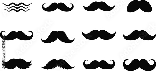 Black mustache silhouette icons set with various styles and shapes for design, costume, character illustration, and vintage grooming themes