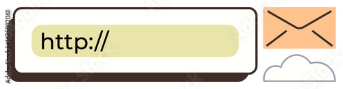 Search bar with http text, orange email envelope, and white cloud icon. Ideal for email, communication, internet browsing, digital marketing, online services, data storage simple flat metaphor