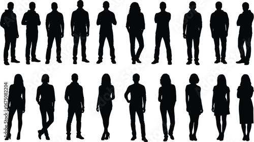 Black silhouettes of standing people in various poses and attire for design, diversity, fashion, business, and character illustration projects
