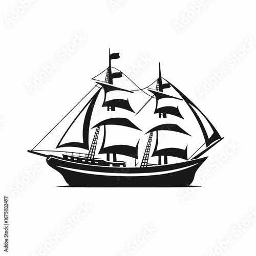 Majestic sailing ship with billowing sails vector art in bold silhouette