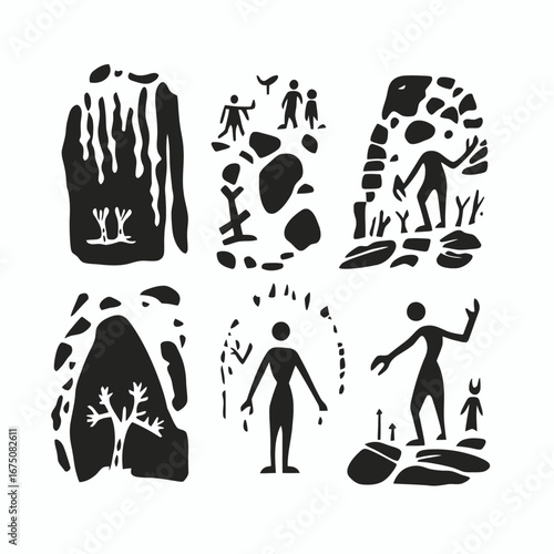 Ancient artistic representations exhibiting drawings of human figures, a black silhouette