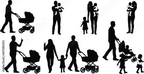 Family silhouettes with parents, children, and strollers in various poses for parenting, childcare, lifestyle, and character design projects